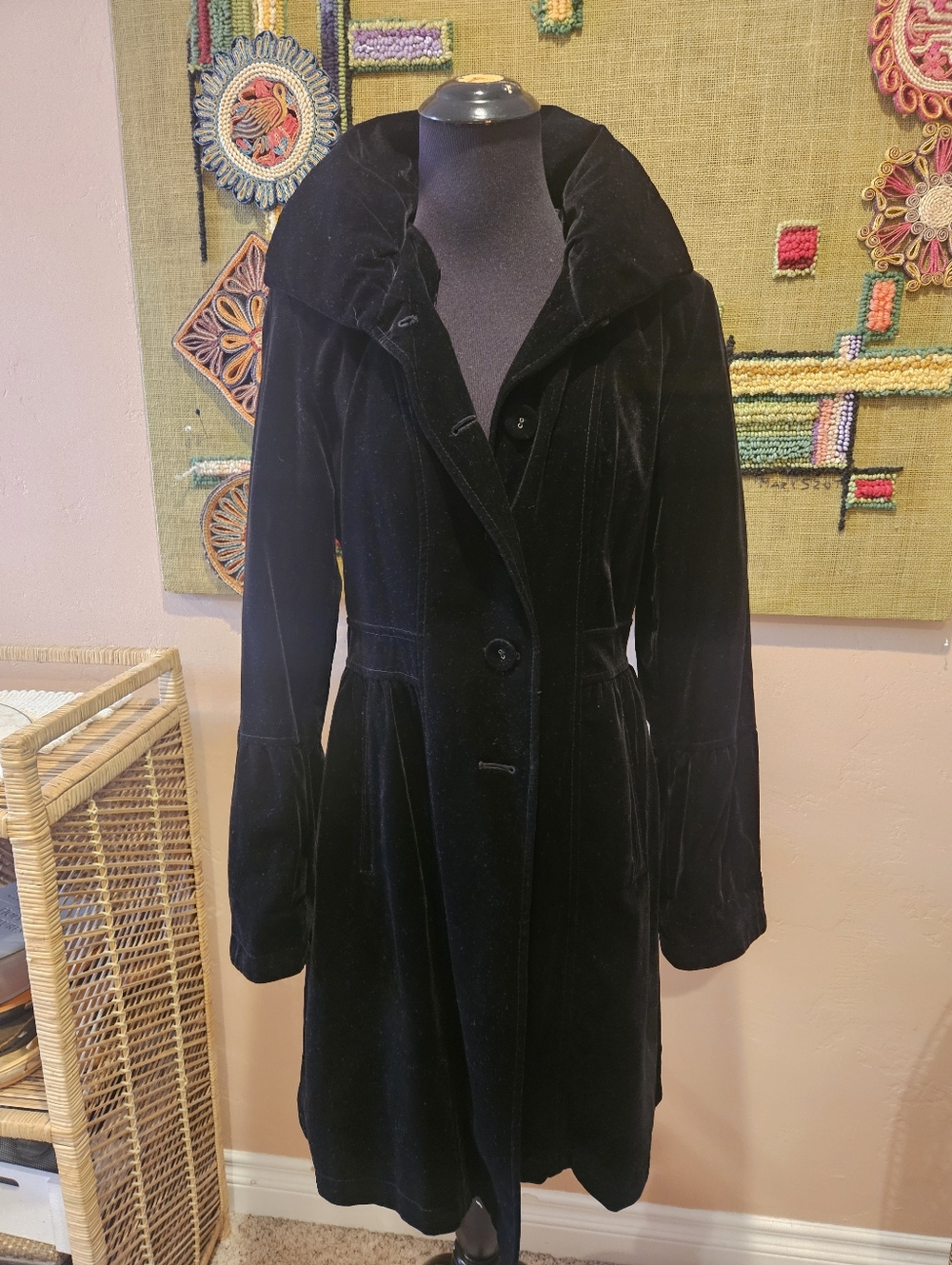 Gallery Black Velvet Trench Overcoat